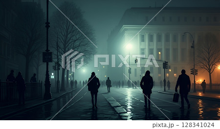 霧の街路灯 夜の都会を行き交う人々 128341024