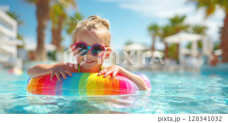 A happy child with cool sunglasses smiles brightly while playing with a colorful beach ball in a vibrant blue swimming pool at a sunny resort, embodying summer fun and vacation joy 128341032