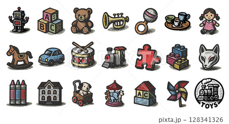 レトロ風おもちゃアイコンセット(カラー)、Retro Toy Icon Set 128341326
