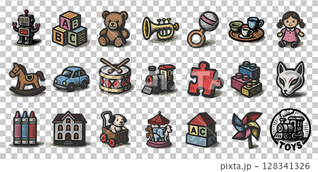 レトロ風おもちゃアイコンセット(カラー)、Retro Toy Icon Set 128341326
