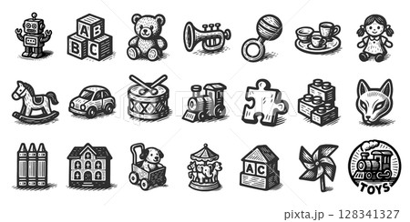 レトロ風おもちゃアイコンセット(モノクロ)、Retro Toy Icon Set  128341327
