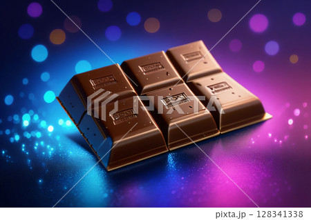 Chocolate bar in neon light.  Pieces of chocolate bar illuminated by bright neon light. 128341338