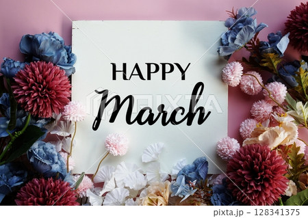 Happy March text with flowers decorations on pink background 128341375