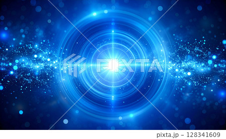 青く輝く中心から広がるサイバーな光と粒子 青く輝く中心から広がるサイバーな光と粒子 128341609