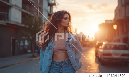 Young Woman Walks Confidently Down City Street at Sunset, Enjoying the Warm Glow of Evening Light 128341792