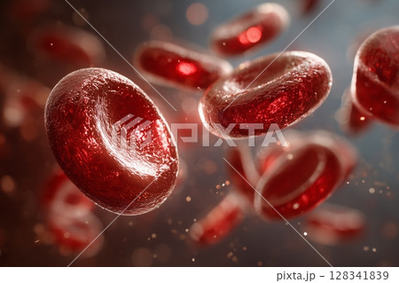 Red Blood Cells Circulating in Human Bloodstream Showing Their Structure and Movement in a Digital Art Representation 128341839