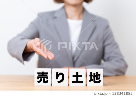 売り土地のブロックとスーツを着たミドル女性ビジネスウーマン 売り土地のブロックとスーツを着たミドル女性ビジネスウーマン 128341883
