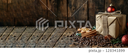 A beautifully arranged Festive Gift Box surrounded by delightful Coffee and various Treats A beautifully arranged Festive Gift Box surrounded by delightful Coffee and various Treats 128341899