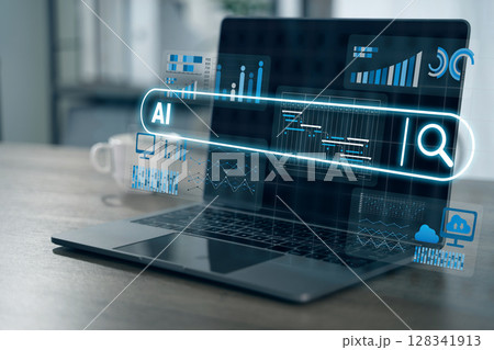 Business intelligence Digital data analysis and artificial intelligence concept with futuristic holographic interface laptop screen, showing Business intelligence Digital data analysis and artificial intelligence concept with futuristic holographic interface laptop screen, showing 128341913