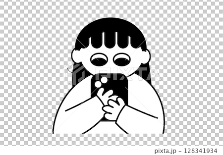 A simple illustration of a girl looking at a smartphone (black and white) A simple illustration of a girl looking at a smartphone (black and white) 128341934