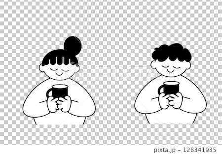 A simple illustration (black and white) of a man and woman smiling with hot drinks in hand A simple illustration (black and white) of a man and woman smiling with hot drinks in hand 128341935