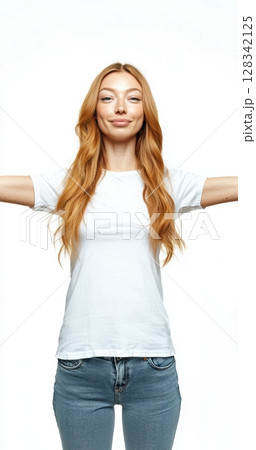 Confident Young Woman with Open Arms Captured in a Bright Studio Setting, Radiating Joy and Warmth Confident Young Woman with Open Arms Captured in a Bright Studio Setting, Radiating Joy and Warmth 128342125
