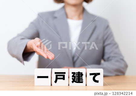 一戸建てのブロックとスーツを着たミドル女性ビジネスウーマン 128342214