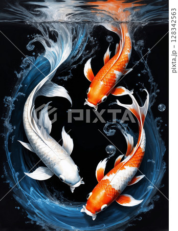 Serene yet energetic portrayal of three beautifully rendered Koi fish, showcasing their distinctive patterns as they move through fluid water. Perfect for concepts of balance, fortune, and beauty. Serene yet energetic portrayal of three beautifully rendered Koi fish, showcasing their distinctive patterns as they move through fluid water. Perfect for concepts of balance, fortune, and beauty. 128342563