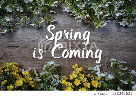 Spring is coming text message with flowers decoration on wooden background 128342625