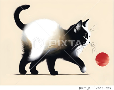 Oriental style ink and watercolor brushstroke painting of a kitty cat with red sun symbol 128342665