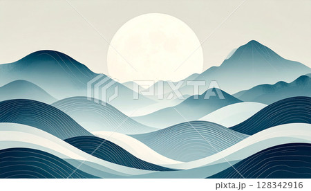 抽象的な青い山と満月の風景 128342916