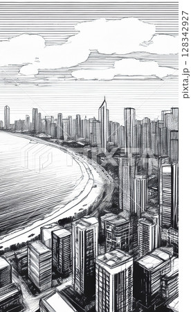都会の街並み・風景スケッチ 128342927