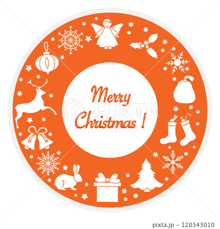 Christmas card with white festive icons in circular design on orange background Christmas card with white festive icons in circular design on orange background 128343010
