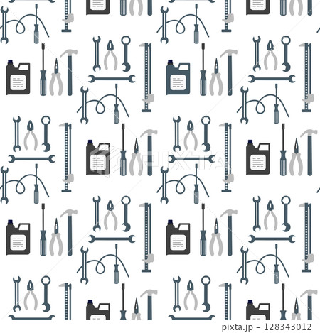 Seamless pattern of mechanic tools and engine oil, ideal for auto repair themes and backgrounds 128343012