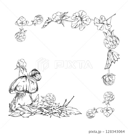 Bolete cep mushroom with snail on top of fallen autumn leaves pile, cloudberry berries twigs. Square corner frame hand drawn in vector ink. Fungus forest harvest. Calendar elements, cards labels tags 128343064
