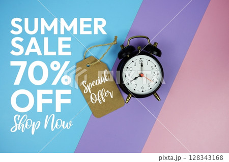Summer Sale 70% off text with Price Tag and alarm clock on pink, purple, blue geometric background 128343168