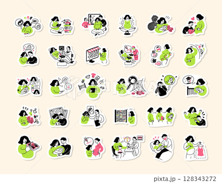 Cartoon Color Pregnancy Different Scenes Concept Sticker Set Flat Design Style with Elements Thin Line. Vector illustration of badge 128343272