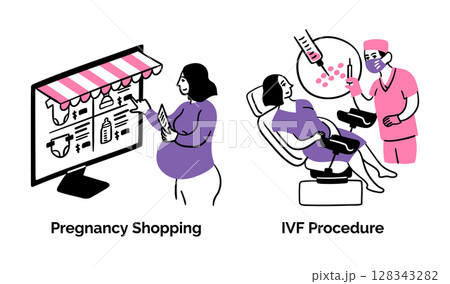 Cartoon Color Pregnancy Scenes Concept Set Shopping and IVF Procedure Flat Design Style with Elements Thin Line. Vector illustration 128343282