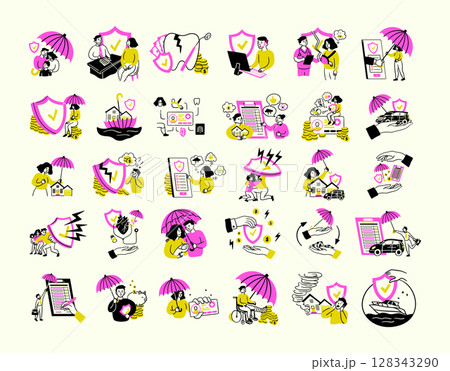 Cartoon Color Insurance Service Different Scenes Concept Set Flat Design Style with Elements Thin Line. Vector illustration 128343290
