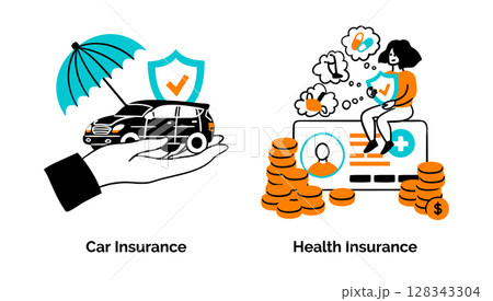 Cartoon Color Insurance Service Scenes Concept Set Car and Health Insurance Flat Design Style. Vector illustration Cartoon Color Insurance Service Scenes Concept Set Car and Health Insurance Flat Design Style. Vector illustration 128343304