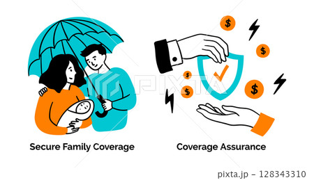 Cartoon Color Insurance Service Scenes Concept Set Assurance and Secure Family Coverage Flat Design Style. Vector illustration 128343310