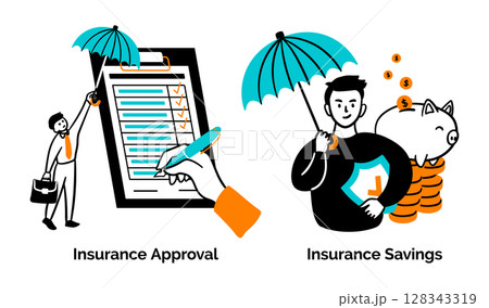 Cartoon Color Insurance Service Scenes Concept Set Approval and Insurance Savings Flat Design Style. Vector illustration 128343319