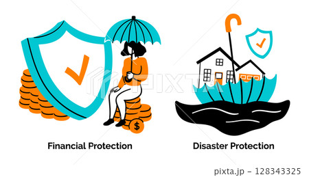 Cartoon Color Insurance Service Scenes Concept Set Financial and Disaster Protection Flat Design Style. Vector illustration Cartoon Color Insurance Service Scenes Concept Set Financial and Disaster Protection Flat Design Style. Vector illustration 128343325