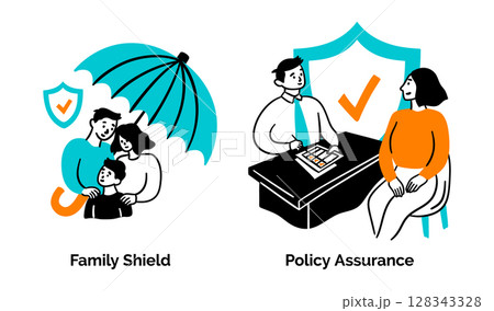Cartoon Color Insurance Service Scenes Concept Set Family Shield and Policy Assurance Flat Design Style. Vector illustration 128343328