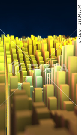 Vibrant 3D landscape of abstract blocks in gold and pastel tones, forming a futuristic cityscape with depth and focus blur 128343374