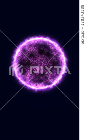 Glowing purple sphere with fiery texture resembling an energy ball on a dark background 128343388