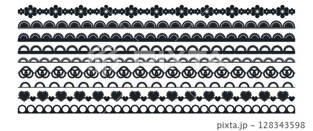 Lace border with scallop edge for traditional trim and vintage pattern. Vector frame or crochet embroidery design for card and invitation with ribbon or stripe. 128343598