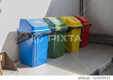 Colorful Trash Cans For Sorting Trash, Background for advertising and wallpaper in tool and cleaning scene 128343615