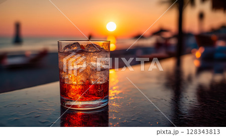Glass of cocktail with ice cubes glows under sunset light as ocean horizon reflects through drink; cocktail radiates warmth and relaxation in tranquil evening vibe 128343813