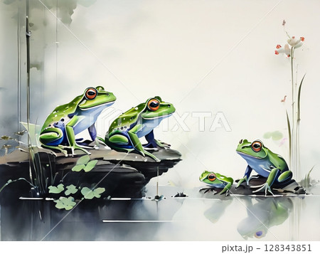 Traditional oriental painting of frogs in forest 128343851