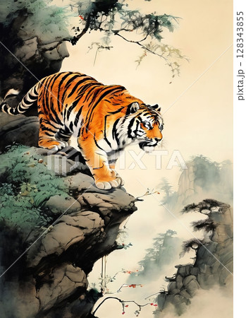 Walking tiger on the cliff 128343855