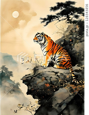 Sitting tiger on the cliff 128343856