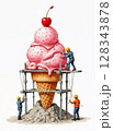 Three miniature figures appear to be building or maintaining an enormous strawberry ice cream cone with a cherry on top. 128343878