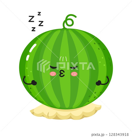 A cute, sleeping watermelon character dreams on a white background. A cute, sleeping watermelon character dreams on a white background. 128343918