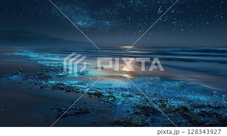 Bioluminescent beach under a starry night sky creates a magical scene. 128343927