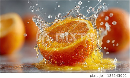 A half orange bursts with water, creating a stunning splash of juicy goodness. 128343992