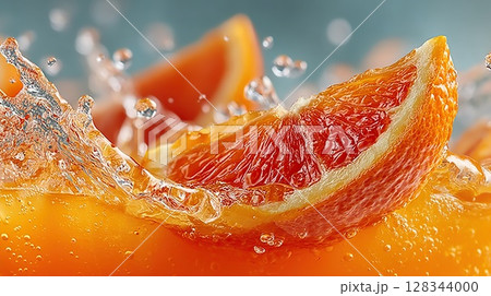 Orange slice with water splash creating a refreshing and juicy scene. Orange slice with water splash creating a refreshing and juicy scene. 128344000