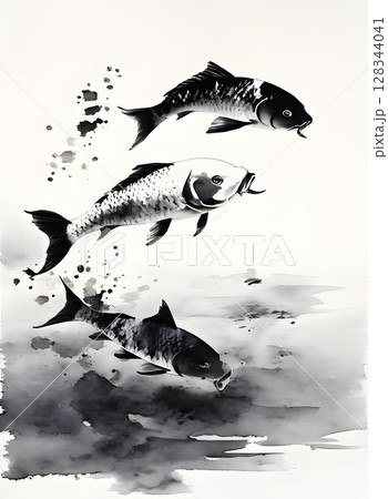 Three Black Swimming Koi fishes Three Black Swimming Koi fishes 128344041