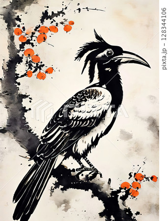 Horn bill in traditional oriental painting style 128344106