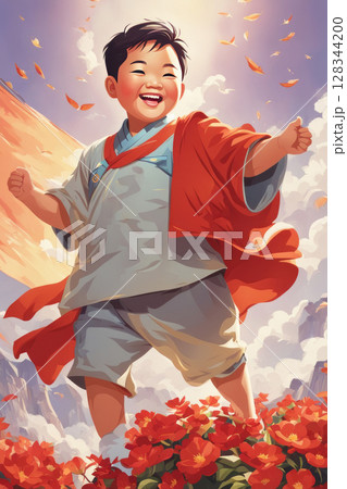 A chubby faced Asian boy beaming with a radiant smile, evoking a joyful and hope in vintage propaganda poster style A chubby faced Asian boy beaming with a radiant smile, evoking a joyful and hope in vintage propaganda poster style 128344200